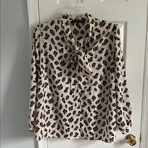 Eloquii Cream and Purple Leopard Print Tie Neck Button Down Career Blouse Sz 18